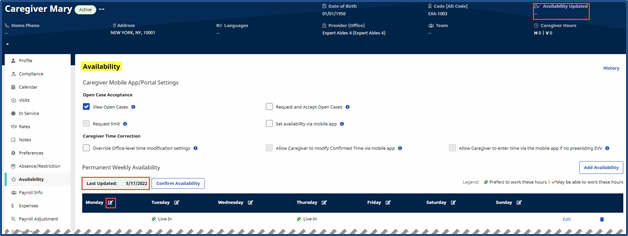 Caregiver Availability Page